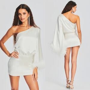 NEW Retrofete Allegra One Shoulder Satin Mini Dress‎ in White